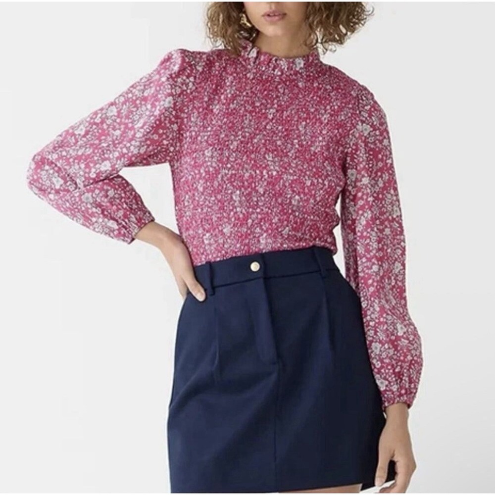 J. Crew Liberty Fabric Smocked Long Sleeve Blouse Top Sz M Ruffleneck